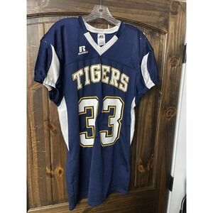 Russell-Athletic Football Jersey Large 23x33 USA Blue Gold Tigers 33 Stretchy